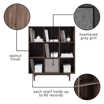 Crosley Furniture  Liam 9 Cube Record Storage Bookcase With Speaker- Bookcase & Speaker In Walnut, 42-1/4'' W x 15-3/4'' D x 49-1/2'' H