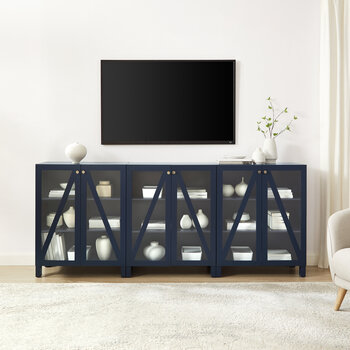 Crosley Furniture  Cassai 3Pc Media Storage Cabinet Set- 3 Storage Pantries In Navy, 90'' W x 16'' D x 38'' H