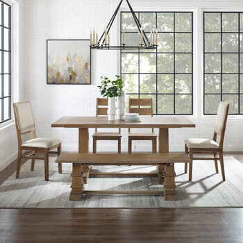 Crosley Furniture Joanna 6Pc Dining Set - Table, Bench, 2 Ladder Back Chairs, & 2 Upholstered Chairs In Rustic Brown, 128'' W x 85'' D x 39-7/8'' H