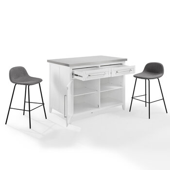 Crosley Furniture  Silvia Stainless Steel Top Kitchen Island W/Riley Stools- Kitchen Island & 2 Stools In White, 46'' W x 52'' D x 36-1/2'' H
