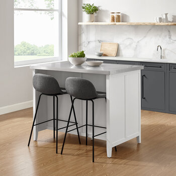 Crosley Furniture  Silvia Stainless Steel Top Kitchen Island W/Riley Stools- Kitchen Island & 2 Stools In White, 46'' W x 52'' D x 36-1/2'' H