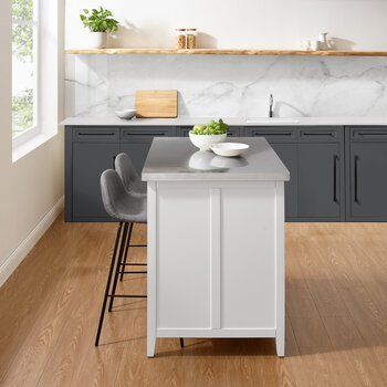 Crosley Furniture  Silvia Stainless Steel Top Kitchen Island W/Riley Stools- Kitchen Island & 2 Stools In White, 46'' W x 52'' D x 36-1/2'' H