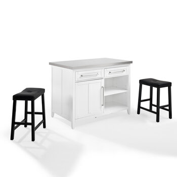 Crosley Furniture  Silvia Stainless Steel Top Island W/Uph Saddle Stools- Kitchen Island & 2 Stools In White, 46'' W x 47'' D x 36-1/2'' H