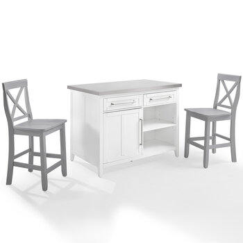 Crosley Furniture  Silvia Stainless Steel Top Kitchen Island W/X-Back Stools- Kitchen Island & 2 Stools In White, 46'' W x 57'' D x 41'' H