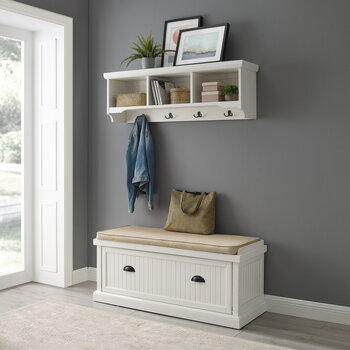 Crosley Furniture Seaside 2Pc Entryway Set - Bench, Shelf In Distressed White, 0'' W x 0'' D x 0'' H