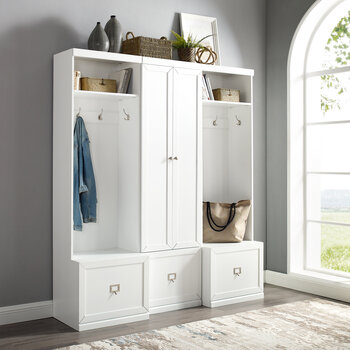 Crosley Furniture Harper 3Pc Entryway Set - Pantry Closet & 2 Hall Trees In White, 66'' W x 16-3/8'' D x 74'' H