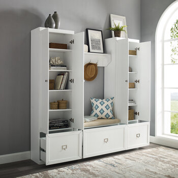 Crosley Furniture Harper 4 Piece Entryway Set - Bench, Shelf, & 2 Pantry Closets In White, 77'' W x 16-1/2'' D x 74'' H