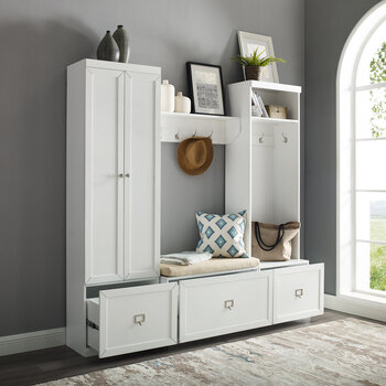 Crosley Furniture Harper 4 Piece Entryway Set - Bench, Shelf, Hall Tree, & Pantry Closet In White, 77'' W x 16-1/2'' D x 74'' H