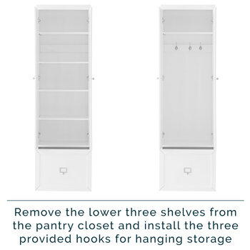 Crosley Furniture Harper 6 Piece Entryway Set - Bench, Shelf, 2 Pantry Closets, & 2 Hall Trees In White, 121'' W x 16-1/2'' D x 74'' H