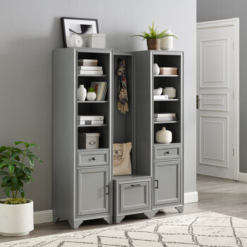 Crosley Furniture Tara 3Pc Entryway Set - Hall Tree & 2 Linen Cabinets In Distressed Gray, 54'' W x 16-1/2'' D x 67-5/8'' H