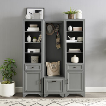 Crosley Furniture Tara 3Pc Entryway Set - Hall Tree & 2 Linen Cabinets In Distressed Gray, 54'' W x 16-1/2'' D x 67-5/8'' H