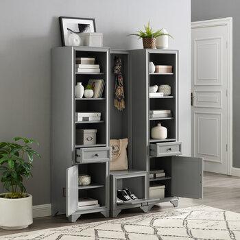 Crosley Furniture Tara 3Pc Entryway Set - Hall Tree & 2 Linen Cabinets In Distressed Gray, 54'' W x 16-1/2'' D x 67-5/8'' H