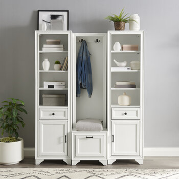 Crosley Furniture Tara 3Pc Entryway Set - Hall Tree & 2 Linen Cabinets In Distressed White, 54'' W x 16-1/2'' D x 67-5/8'' H