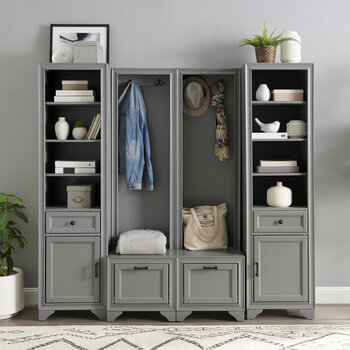 Crosley Furniture Tara 4Pc Entryway Set - 2 Hall Trees & 2 Linen Cabinets In Distressed Gray, 72'' W x 16-1/2'' D x 67-5/8'' H