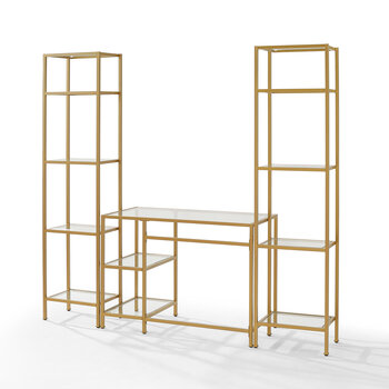 Crosley Furniture Aimee 3Pc Desk And Etagere Set- Desk & 2 Narrow Etageres In Soft Gold, 78'' W x 20'' D x 73'' H