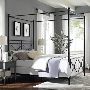 Crosley Furniture  Montgomery Queen Canopy Bed - Headboard, Footboard, Finials, Rails, Canopy In Black, 61-3/4'' W x 84-1/4'' D x 83-1/2'' H