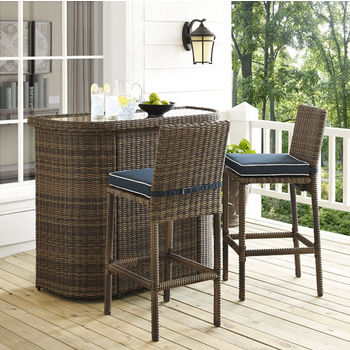 Crosley Furniture Bradenton 3-Piece Outdoor Wicker Bar Set, with Bar & Two Stools with Navy Cushions
