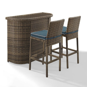 Crosley Furniture Bradenton 3-Piece Outdoor Wicker Bar Set, with Bar & Two Stools with Navy Cushions