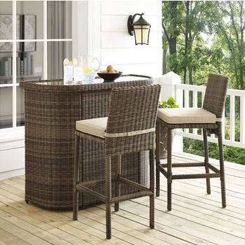 Crosley Furniture Bradenton 3-Piece Outdoor Wicker Bar Set, with Bar & Two Stools with Sand Cushions