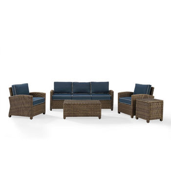 Crosley Furniture Bradenton 5-Piece Outdoor Wicker Sofa Conversation Set, with Navy Cushions with Sofa, Two Arm Chairs, Side Table & Glass Top Table