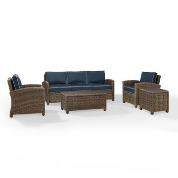 Crosley Furniture Bradenton 5-Piece Outdoor Wicker Sofa Conversation Set, with Navy Cushions with Sofa, Two Arm Chairs, Side Table & Glass Top Table