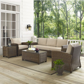 Crosley Furniture Bradenton 5-Piece Outdoor Wicker Sofa Conversation Set, with Sand Cushions with Sofa, Two Arm Chairs, Side Table & Glass Top Table
