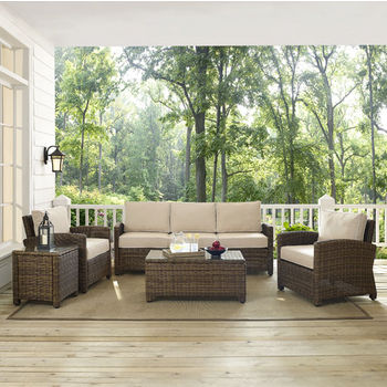 Crosley Furniture Bradenton 5-Piece Outdoor Wicker Sofa Conversation Set, with Sand Cushions with Sofa, Two Arm Chairs, Side Table & Glass Top Table