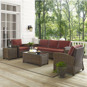 Crosley Furniture Bradenton 5-Piece Outdoor Wicker Sofa Conversation Set, with Sangria Cushions with Sofa, Two Arm Chairs, Side Table & Glass Top Table