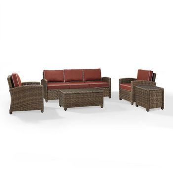 Crosley Furniture Bradenton 5-Piece Outdoor Wicker Sofa Conversation Set, with Sangria Cushions with Sofa, Two Arm Chairs, Side Table & Glass Top Table