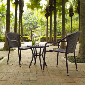 Crosley Furniture Palm Harbor 3-Piece Outdoor Wicker Café Seating Set, Brown Finish, with 2 Stacking Chairs and Round Side Table