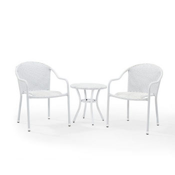 Crosley Furniture Palm Harbor 3-Piece Outdoor Wicker Café Seating Set, White Finish, with 2 Stacking Chairs and Round Side Table