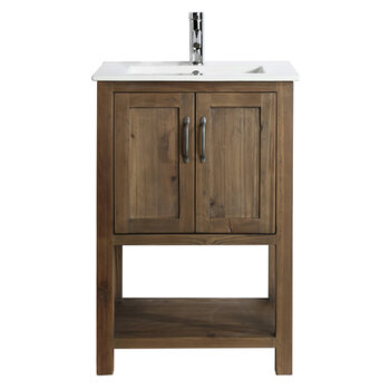 Design Element Austin 24'' Single Sink Vanity in Walnut with Porcelain Countertop, Front View