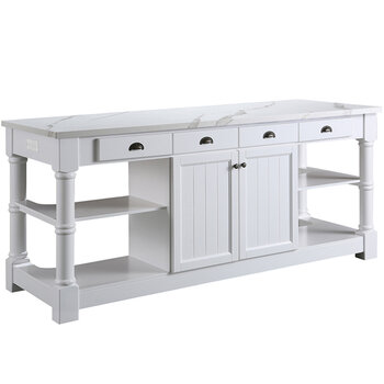 Design Element Monterey 80'' Kitchen Island in White with White Quartz Sintered Stone Countertop, White w/ Stone Top Product Angle View
