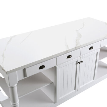 Design Element Monterey 80'' Kitchen Island in White with White Quartz Sintered Stone Countertop, White w/ Stone Top Top View