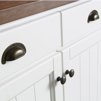 Design Element Monterey 80'' Kitchen Island in White with Dark Walnut Veneered Wood Countertop, White w/ Wood Top Cup Handle View