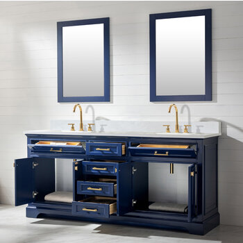 Design Element Milano 72'' Double Sink Vanity in Blue with Carrara White Marble Countertop, Opened View