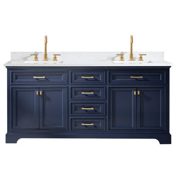 Design Element Milano 72'' Double Sink Vanity in Blue with Carrara White Marble Countertop, Front Product View