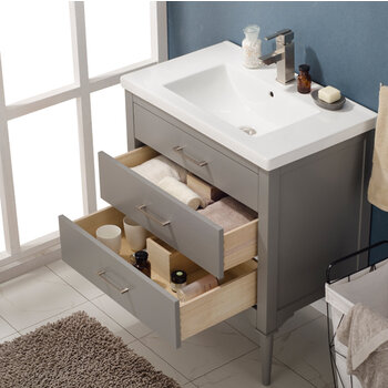 Design Element Mason 30'' Single Sink Vanity In Gray with Porcelain Countertop, Opened View