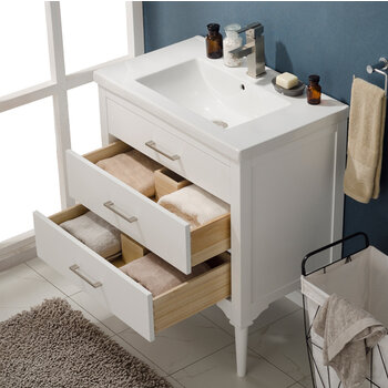 Design Element Mason 30'' Single Sink Vanity In White with Porcelain Countertop, Opened View