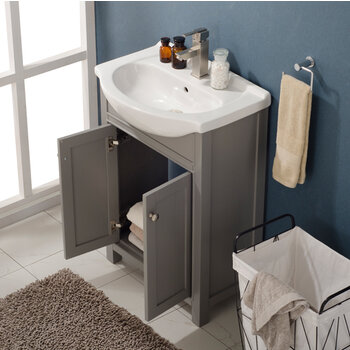 Design Element Marian 24'' Single Sink Vanity In Gray with Porcelain Countertop, Opened View