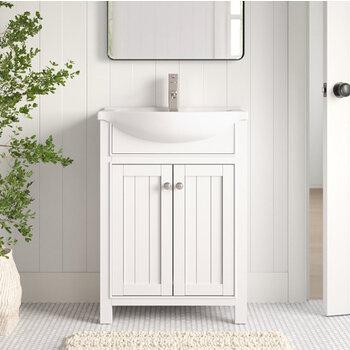 Design Element Marian 24'' Single Sink Vanity In White with Porcelain Countertop, Installed Front View