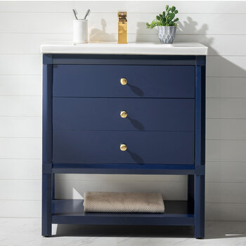 Design Element Logan 30'' Single Sink Vanity In Blue with Porcelain Countertop, Front View