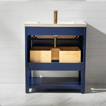Design Element Logan 30'' Single Sink Vanity In Blue with Porcelain Countertop, Back View