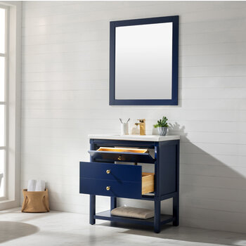 Design Element Logan 30'' Single Sink Vanity In Blue with Porcelain Countertop, Opened View
