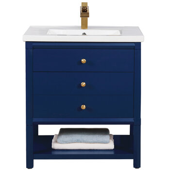 Design Element Logan 30'' Single Sink Vanity In Blue with Porcelain Countertop, Front Product View