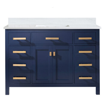 Design Element Valentino 48'' Single Sink Vanity in Blue with Carrara White Marble Countertop, Product Front View
