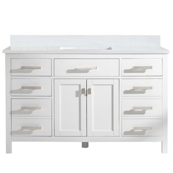 Design Element Valentino 54'' Single Sink Vanity in White with Carrara White Marble Countertop, Product Front View