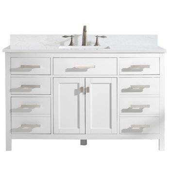 Design Element Valentino 54'' Single Sink Vanity in White with Carrara White Marble Countertop, Front Product View