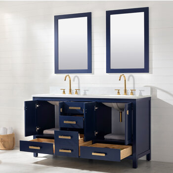 Design Element Valentino 60'' Double Sink Vanity in Blue with Carrara White Marble Countertop, Opened View