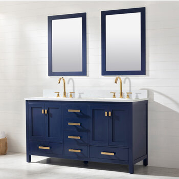 Design Element Valentino 60'' Double Sink Vanity in Blue with Carrara White Marble Countertop, Angle View